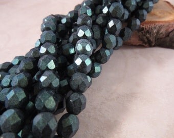 POLYCHROME MALLARD 6mm Polychrome Aqua Teal Firepolish Czech Glass Faceted Round Beads - Dark Green Metallic - Qty 25 (6-119)