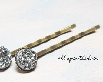 Silver Druzy Bobby Pins - Silver Druzy Hair Pins - Silver Bobby Pins