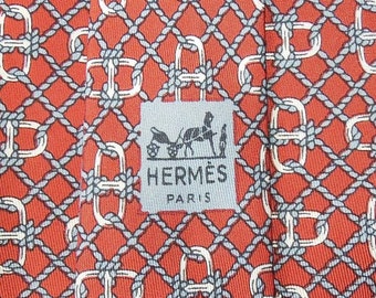 Hermes Tie Pure Twill Silk Chaine d'Ancre Rope Link Pattern On Brown Vintage Designer Dress Necktie Made In France 663 OA