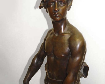 Raoul Larche 19th Century French Bronze Vingt Ans Semi Nude Male Soldier Sculpture Statue