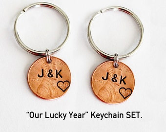 Penny Keychain set, 7 year Anniversary Gift. Anniversary. VALENTINES gift, Boyfriend Girlfriend Gift,Customized Couples Keychains, gift,