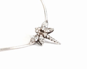 Italian Sterling Silver & CZ Diamond Embossed Dragonfly Pendant On a 16” Omega Chain Necklace, Spring Clasp, .6x.6x.25”, 5.02 Grams #3101