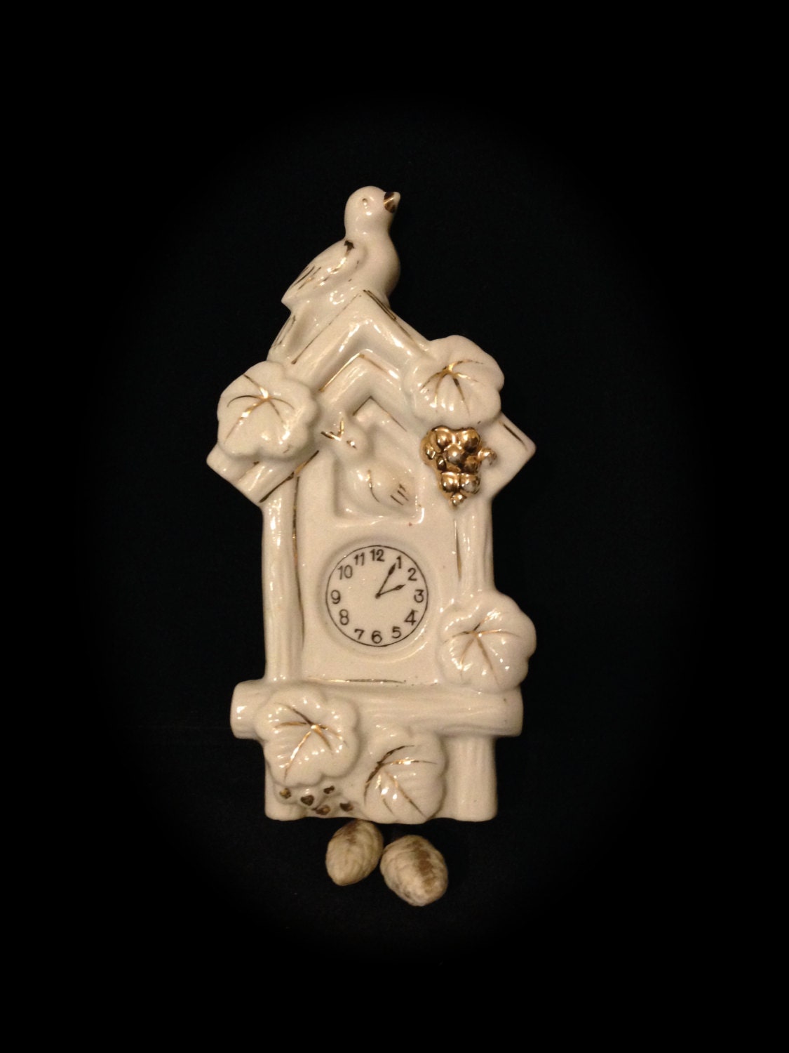 Mini Porcelain Cuckoo Clock Wall Pocket Vase White With Gold