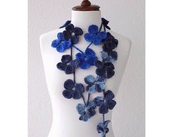 Crochet Flower Necklace, Flower Scarf, Royal Blue, Navy Blue, Crochet Lariat Scarf