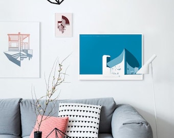 Chapel of Ronchamp. Notre Dame du Haut. Le Corbusier + 20th C. Architecture print. 27,5 in x 19,6in