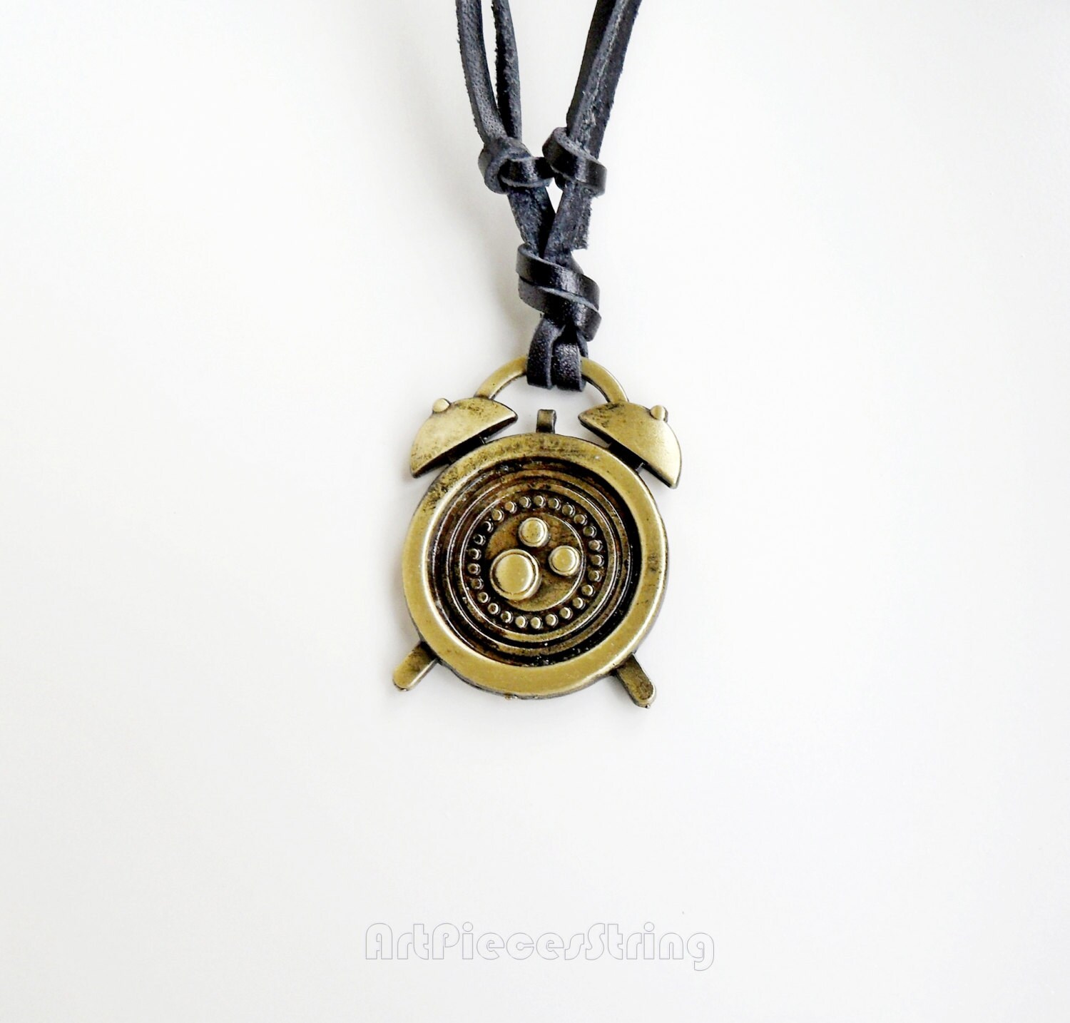 Clock necklace leather bronze personalized pendant alarm