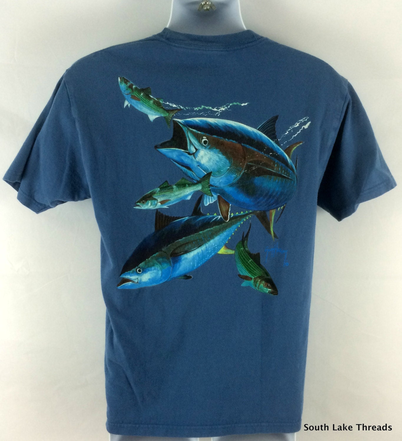 Blue Graphic Guy Harvey Pocket T-Shirt Adult Medium w/ Ocean