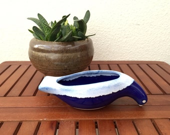 vintage blue and white dove bird ceramic glazed figurine container pot bowl