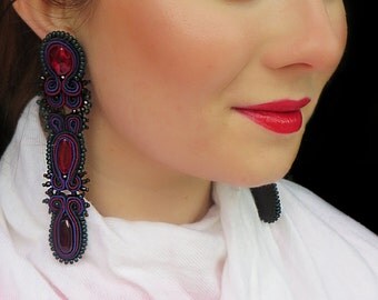 Long purple earrings / Big colorful earrings soutache / Beaded huge statement earrings / Gemstone color earrings / Exotic Jewelry for her