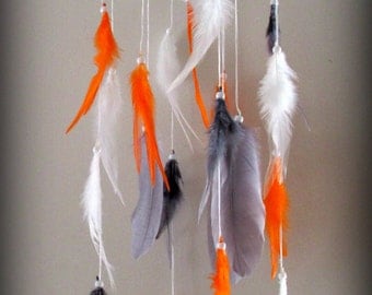Orange Gray White Baby Mobile, Dream catcher Mobile, Boho Feather Mobile, Nursery Mobile, Woodland Mobile, Feather Decor