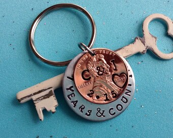 Personalized 7 Year Anniversary Keychain/ Hand Stamped Penny/ 2010 2009 Couple Gift/ Wedding /1st Anniversary/ Gift for Her Gift For Him