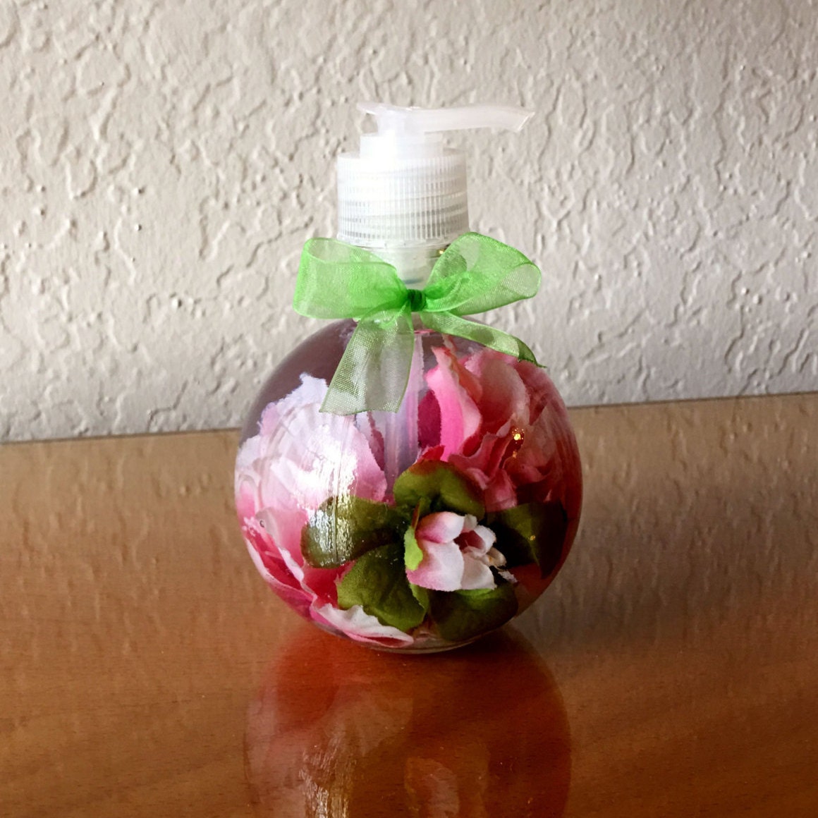 Refillable Soap Dispenser with Pink Silk Flowers by BottledBouquet