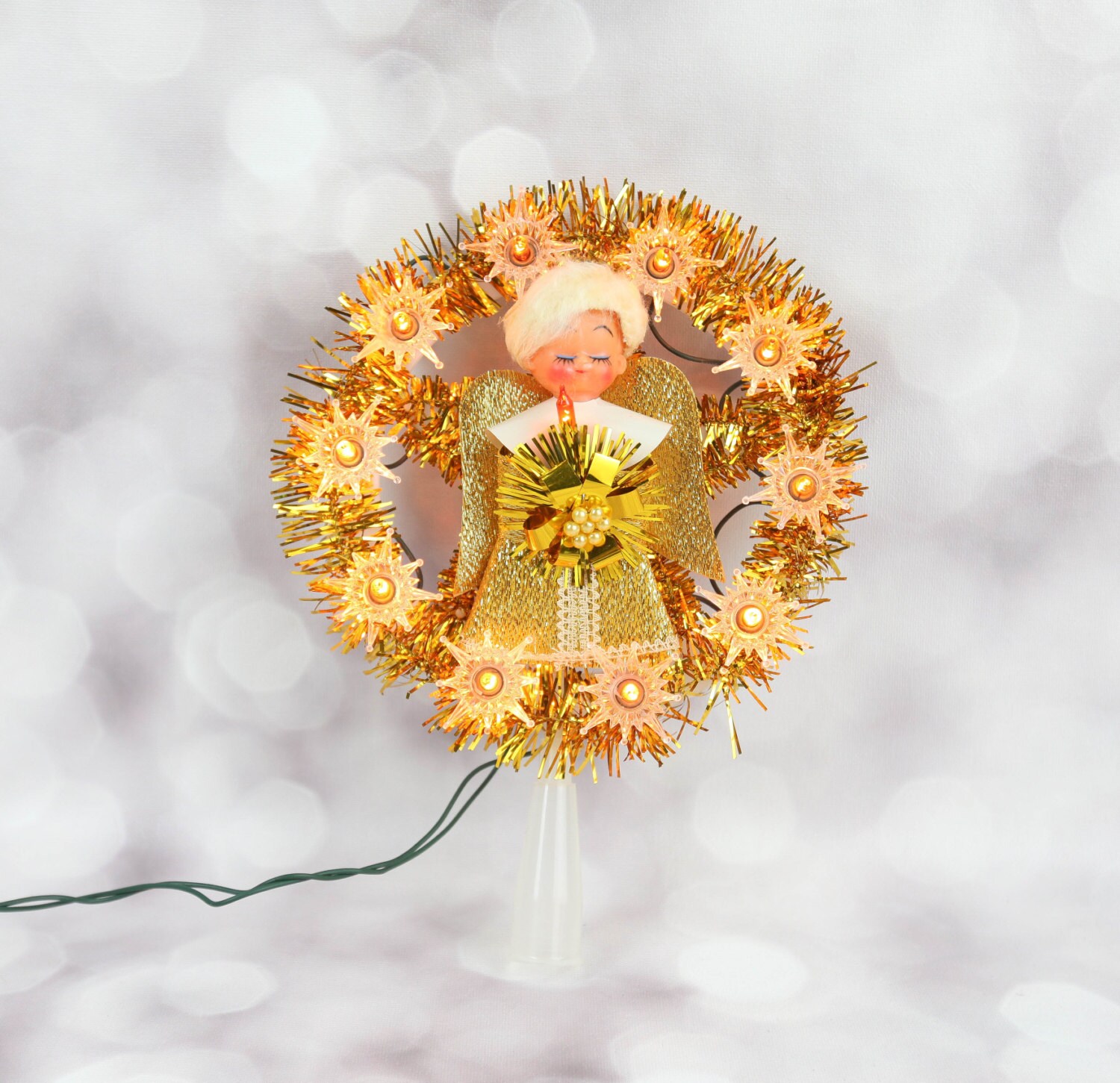 Vintage Lighted Angel Tree Top wreath w/ gold tinsel from