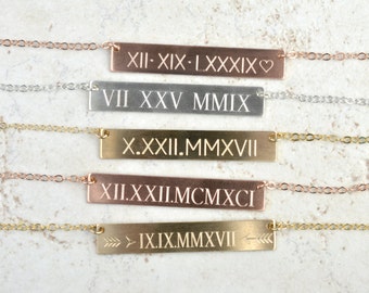 Roman Numeral Necklace, Roman Numeral Bar Necklace, Roman Numeral Date Necklace, Gold Bar Necklace, Wedding date, Anniversary Gift