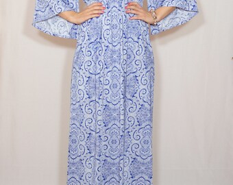 Blue and white dress Bohemian maxi dress Long dress Kimono dress Women