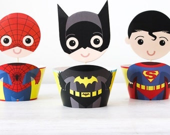 Superhero Cupcake Toppers Wrappers, Party Decoration, Birthday Party, Cupcake Wrappers 24 pcs, Superhero Party, Batman, Superman, Spiderman