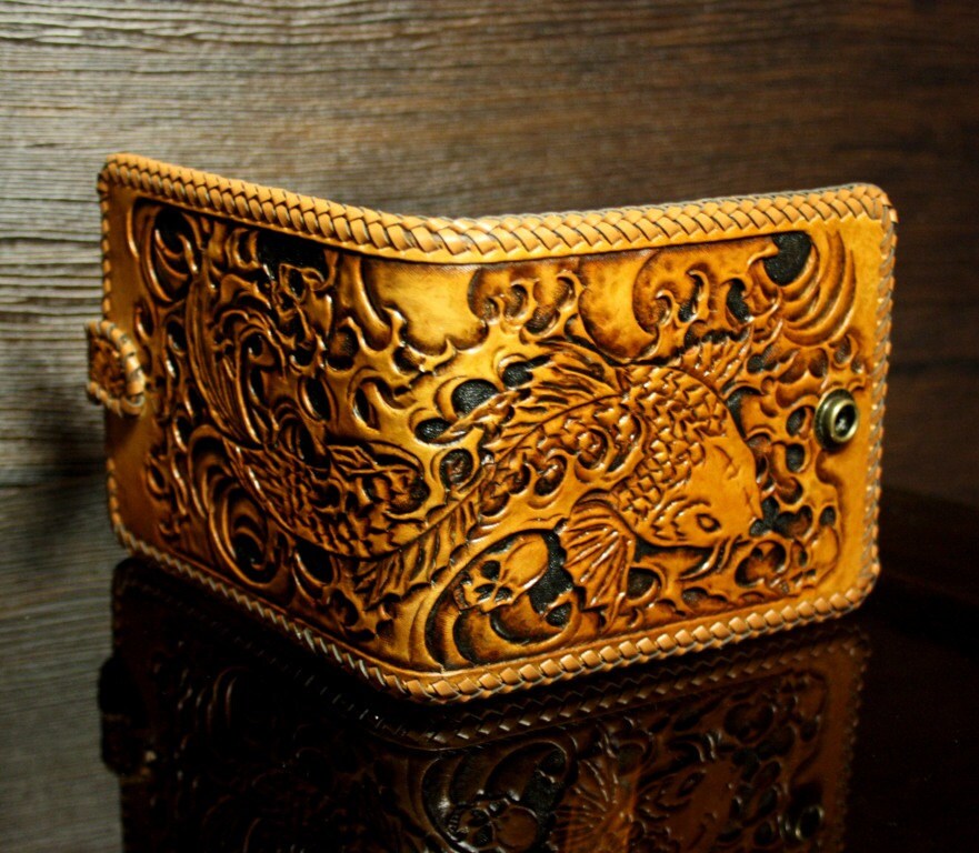 Handtooled leather wallet with Japanese Koi of Luck pattern