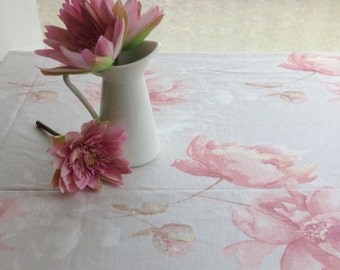 Romantic Linen Tablecloth with Soft Pink and White Flower Print, Light Gray linen tablecloth with flower print