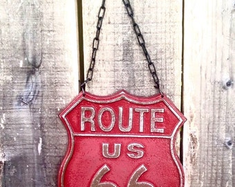 Red Route 66 Sign - Automotive Art - Hot Rod Decor - Road Signs - Red Wall Art - Garage Decor - Man Cave Wall Decor - 50's Decor - Red Decor
