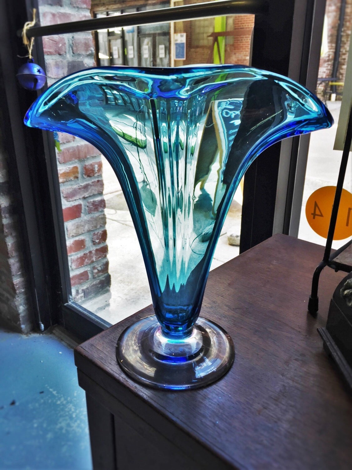 Blenko Style Art Glass Fan Vase Blue w/ Clear Base Hand Blown