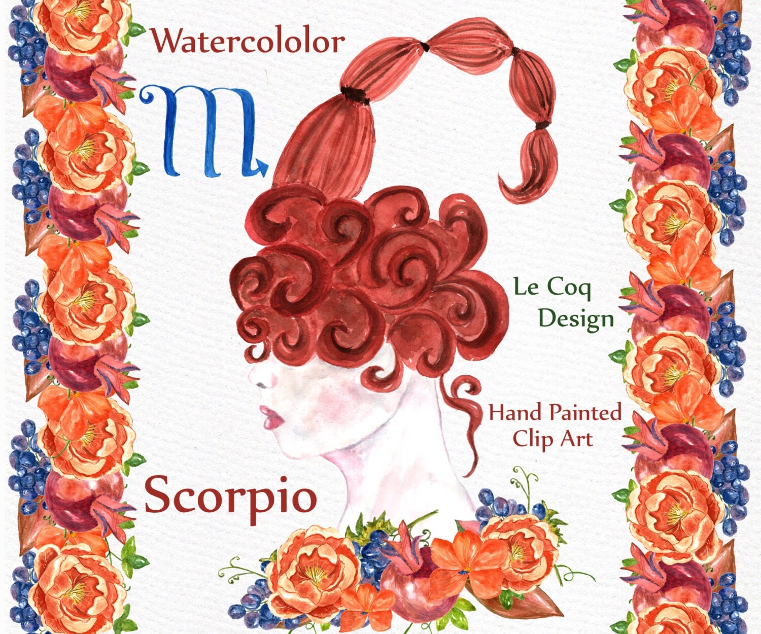 Scorpio zodiac sign Watercolor flowers Floral banner clipart