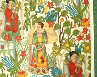 Frida Kahlo Fabric, Frida's Garden Tea, Alexander Henry Fabrics, Garden Scene all over print, folklorico collection, cotton, by the yard