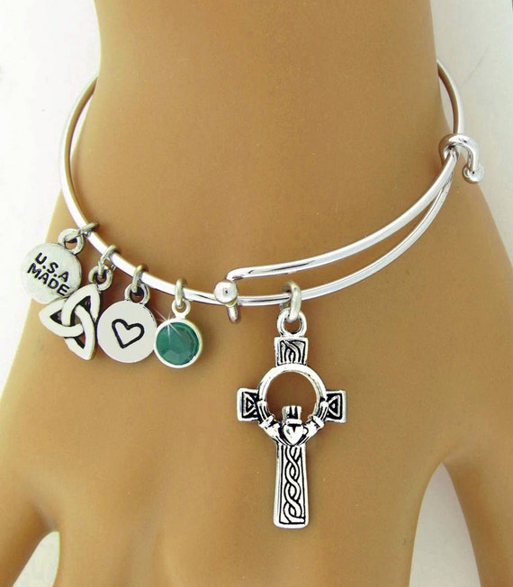 charm Bangle Bracelet Celtic High  Island cross Emerald emerald Charm Cross