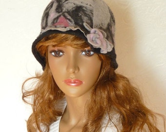 Felt hat, Cloche, Black pink gray, Felt handmade, Hat with small brims, Wool cap, Hat merino wool, Winter, Autumn, Made of felt