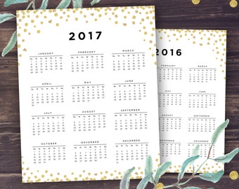 2017 Calendar, Printable Calendar 2016-2017, Desk Calendar, Wall Calendar, Gold Confetti Glitter, 8x10, A4, Letter, Planner, Digital