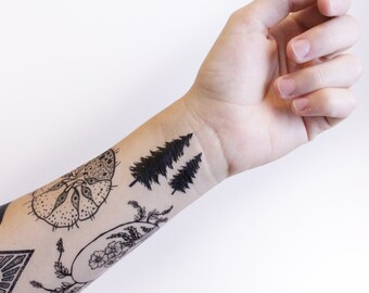 Tiny Pine Tree Temporary Tattoo, Collection of 5, Black Forest Tree Tattoo, Nature Tattoo