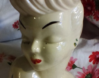 USA art pottery 1940's, woman's head vase, good condition, design #2, whimsical,shabby chic, collectible, fun, funky