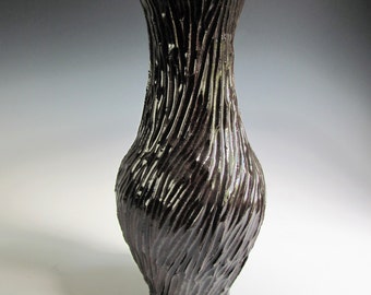 Black Flower Vase, Tall Flower Vase, Tall Ceramic Vase, Textured Ceramic Vase, Carved Ceramic Vase, Handmade, High Fired, Wheel Thrown