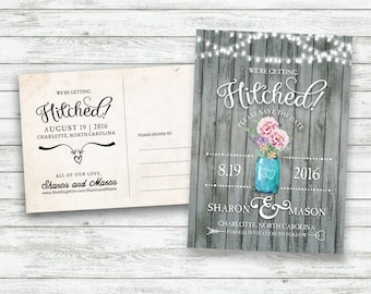 Rustic Wedding Save-The-Date Postcard, Vintage Wedding Invite, Save the Date Postcard, Mason Jar Wedding, String Light Wedding - Printable
