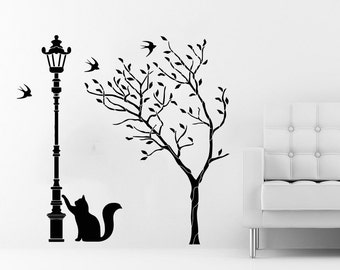 Tree Wall Decals Street Lamp Cat Kitten Decal Vinyl Sticker Baby Children Nursery Bedroom Room Home Decor Art Murals C504
