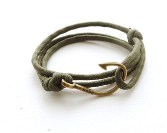 Pick your colour Fish Hook Bracelet - Army Green Knotted Bracelet - Nautical Bracelet - Fish hook Bracelet - Mens Womens Green Paracord