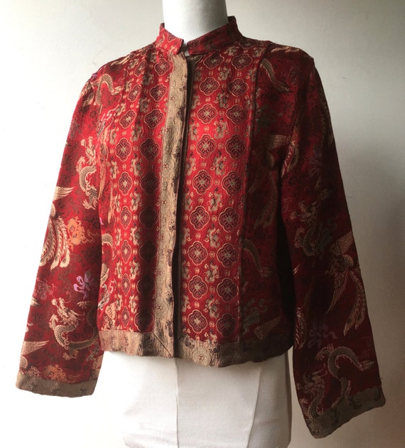 Vintage Chinese silk brocade jacket. deep red ground phoenix