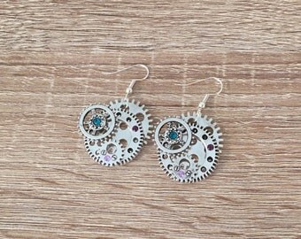 Cog & Gear Earrings, Steampunk Gift, Retro Jewelry, Dangle Clock Earrings, Vintage Charm, Victorian, Clockwork Watch Parts, Antique Silver