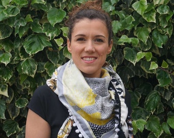 Shawl made using vintage silk scarfs - Black and White