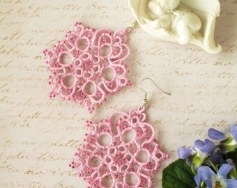 Valentine's gift Chandelier earrings Pink earrings Lightweight earrings Tatting jewelry Boho chic Bohemian earrings Tatted lace earrings
