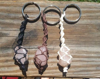 Hemp Wrapped Rose Quartz Keychain, Gemstone Keychain, Hippie Keychain, Boho Keychain, Rose Quartz Accessory