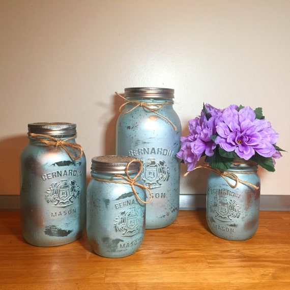 Mason Jar Kitchen Canister Set Gift Wrapped Seafoam Silver