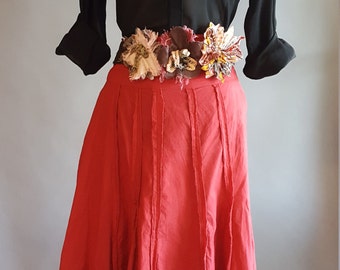 Vintage Rinascimento Skirt with Fabric Waist Flowers. Brick Red Calf Length Flared Cotton Skirt. Linea Cose Cosi, Made in Italy. Side Zipper