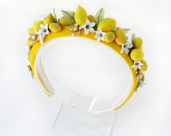 DOLCE VITA- handmade lemon headband, womens headbands, yellow headband, fruit headpiece, yellow hair accessories, high fashion headdress,