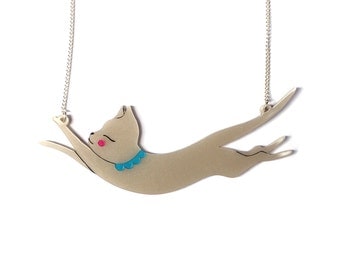 Jumping Cat Necklace- Pearlescent hand painted acrylic laser cut illustration - cat jewellery jewelry