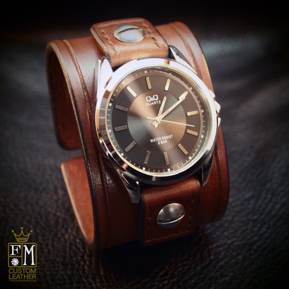 Leather cuff Watch Brown bridle leather Rich vintage style Wristband watchband, wrist watch made for YOU in NYC by Freddie Matara