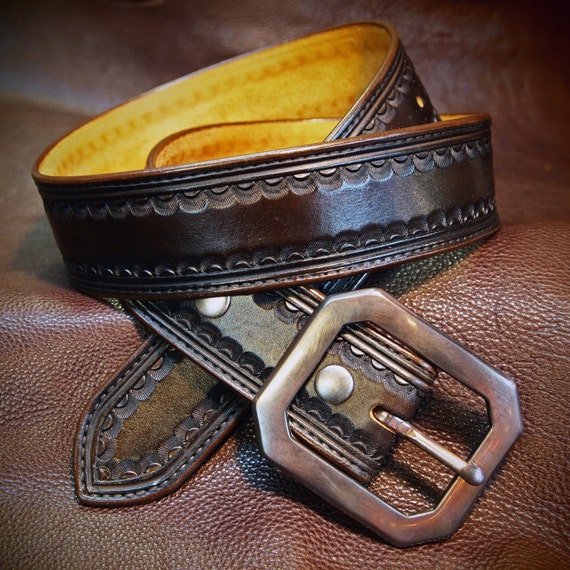 Brown leather belt Tooled Western border Distressed buckle 1-3/4" wide handmade for YOU in NYC by Freddie Matara