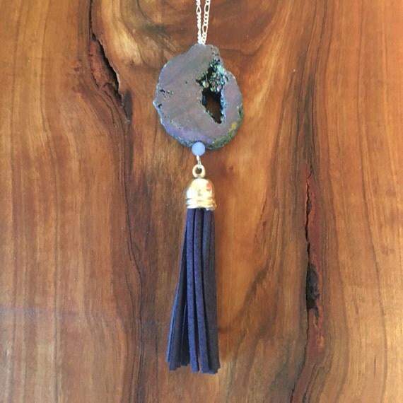 Items similar to Blue Druzy & Black Leather Tassel Necklace