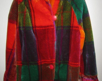 Faux Fur Coat - Plaid Multi-colored Print - Vintage 80's by Monterey Fashions - Size Medium
