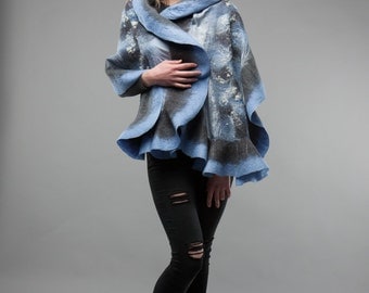 Grey and Light Blue combination Felted scarf wavy ruffled shawl Handmade Silk wool