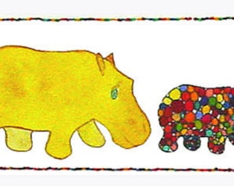 Hippo Art, Hippo print, 7 Hippos Marching, 7 Colorful Hippos march on the page.